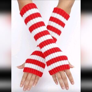 Striped Red and White Fingerless Gloves